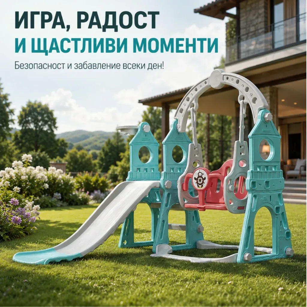 Детски комплект 4 в 1 с пързалка 160 см, люлка, баскетболен кош и топка