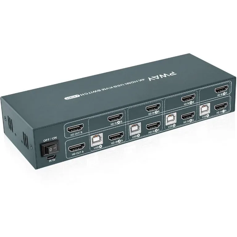 HDMI KVM превключвател 4 порта за 2 монитора, 4K@30Hz, 2× USB 2.0, с кабели