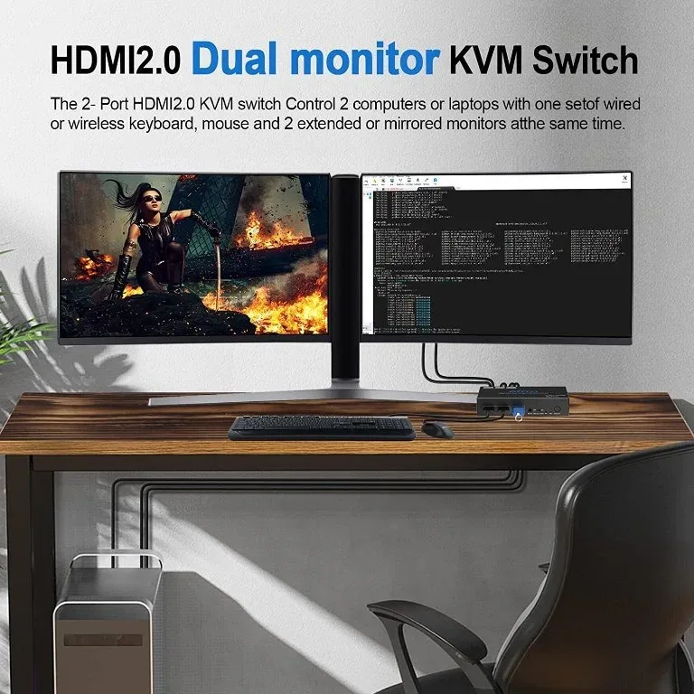 HDMI KVM превключвател 2 порта за 2 монитора, 4K 60Hz, USB 3.0, дистанционно